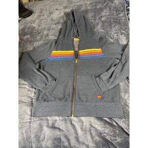 Aviator Nation Mens Small  Zip Up Hoodie Charcoal Grey Rainbow Sweatshirt